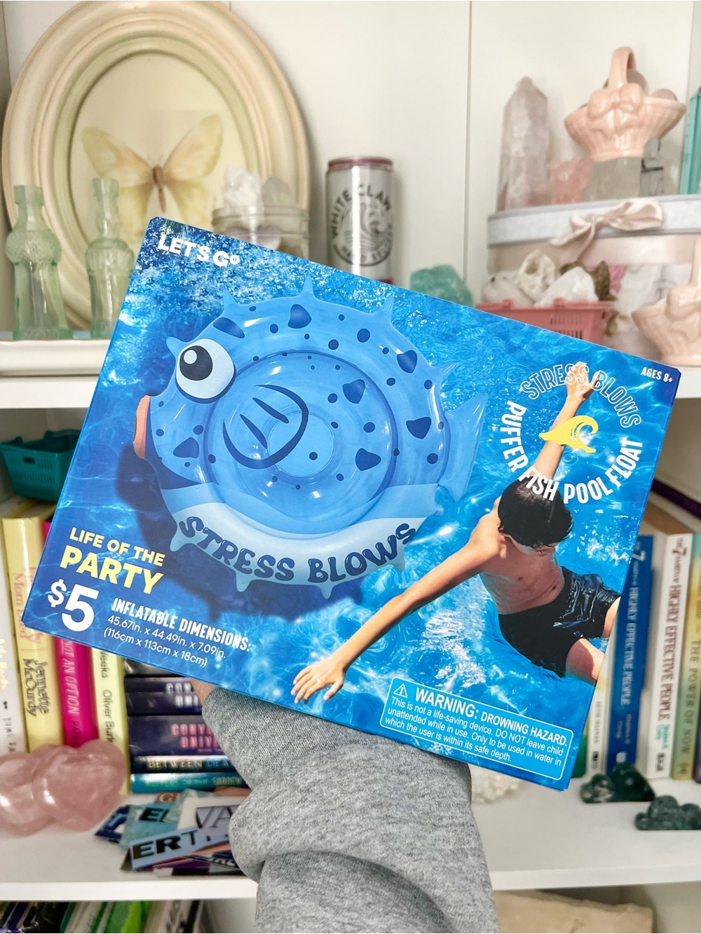 Lets Go Stress Blows Puffer Fish Pool Float Blue Inflatable Over 3.5 Ft NIB